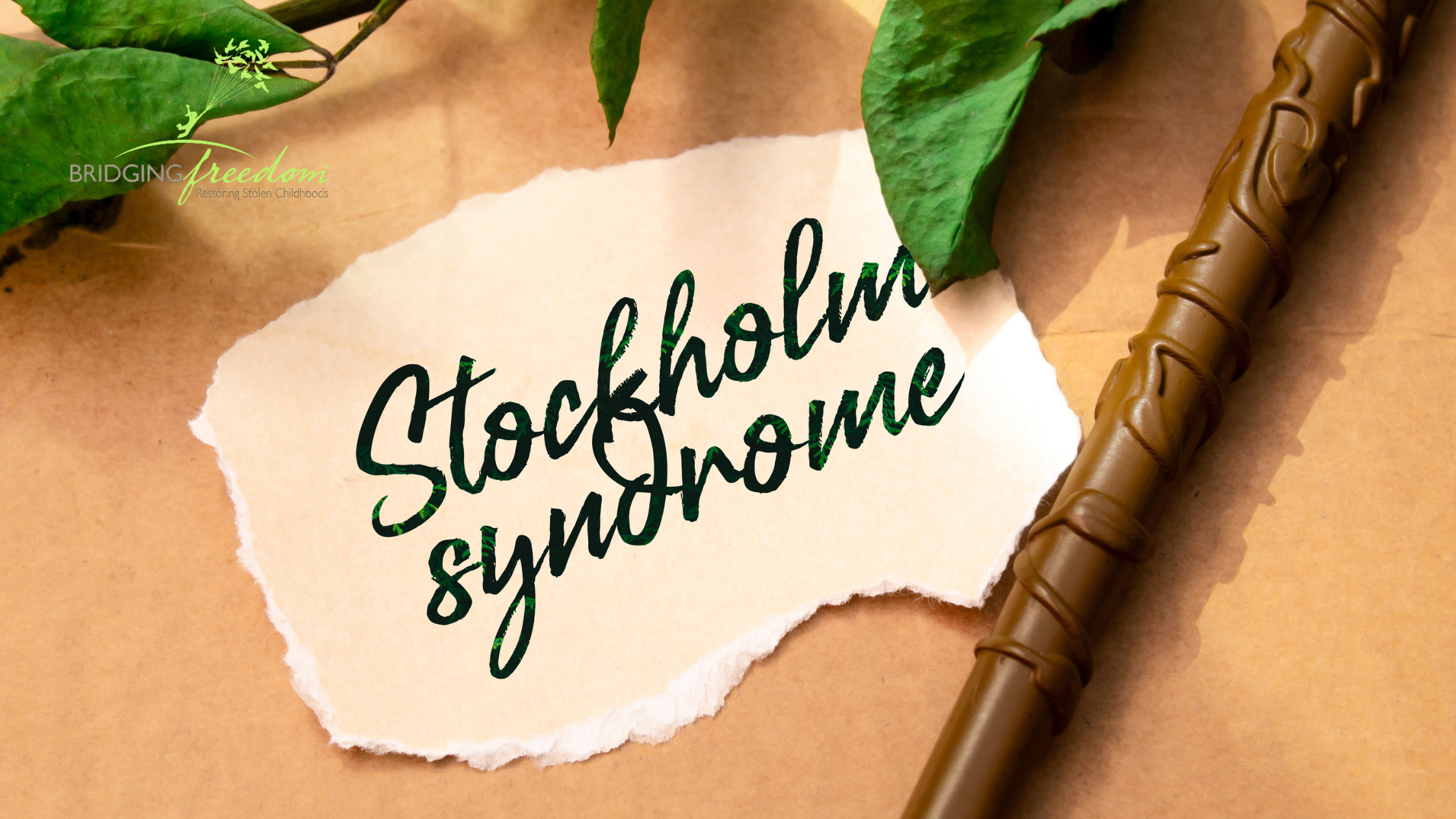 The words "Stockholm syndrome" written on a piece of paper placed on a wooden background. The note is framed by a carved wooden pen and some green leaves.